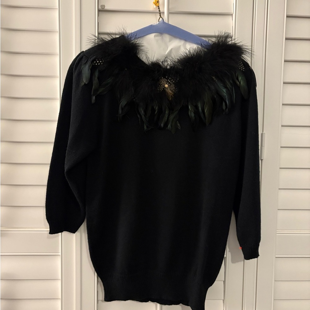 OHI Vintage Elegant Black Sweater with Feather Detail